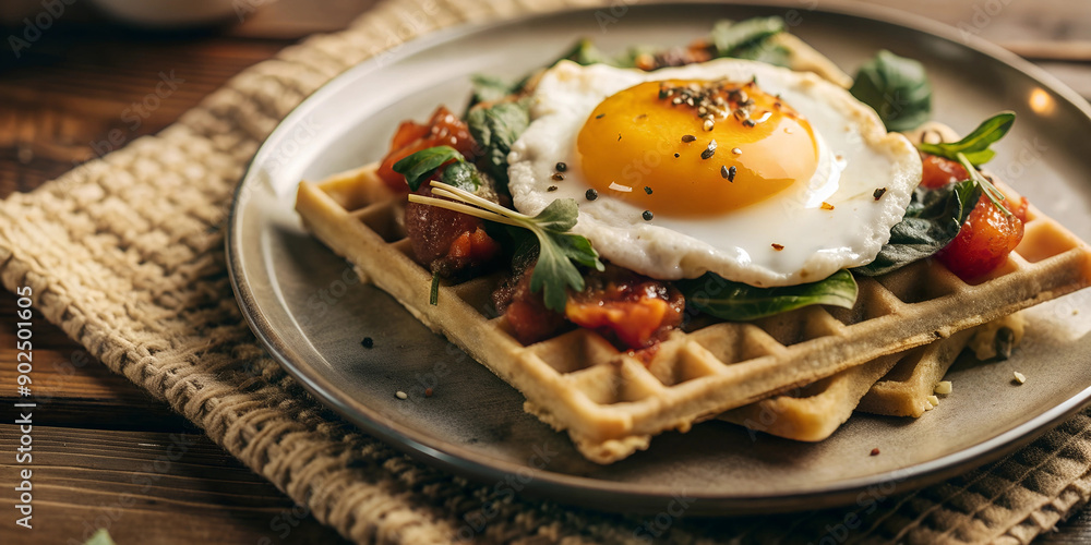 Waffles with Fried Egg, herbs and vegetables on a plate, breakfast Waffles with Fried Egg, herbs and vegetables on a plate, breakfast