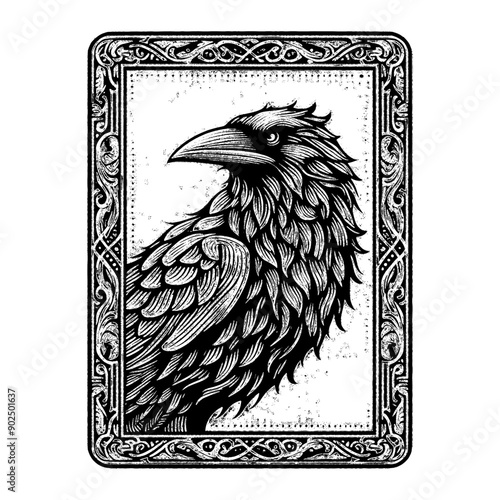 crow game card with ornamental frame design