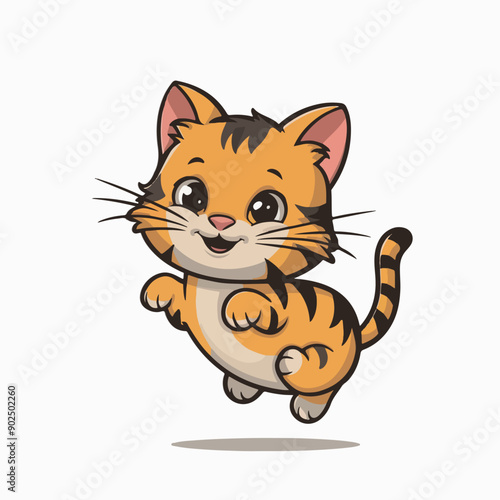 Cute cartoon cat with a striped tail and a white background hand drawn art Vector Icon Illustration