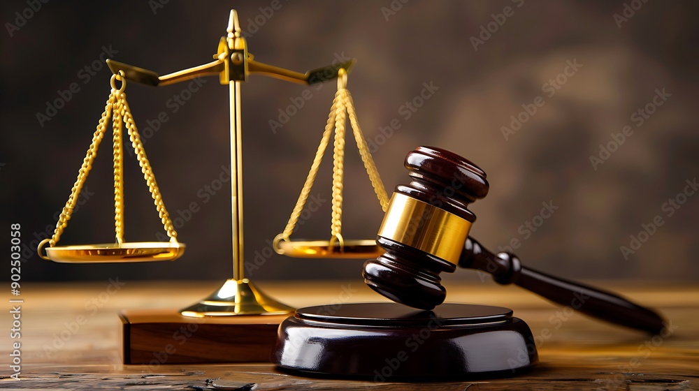 Golden scales of justice and a gavel rest on a wooden table against a blurred brown background Golden scales of justice and a gavel rest on a wooden table against a blurred brown background