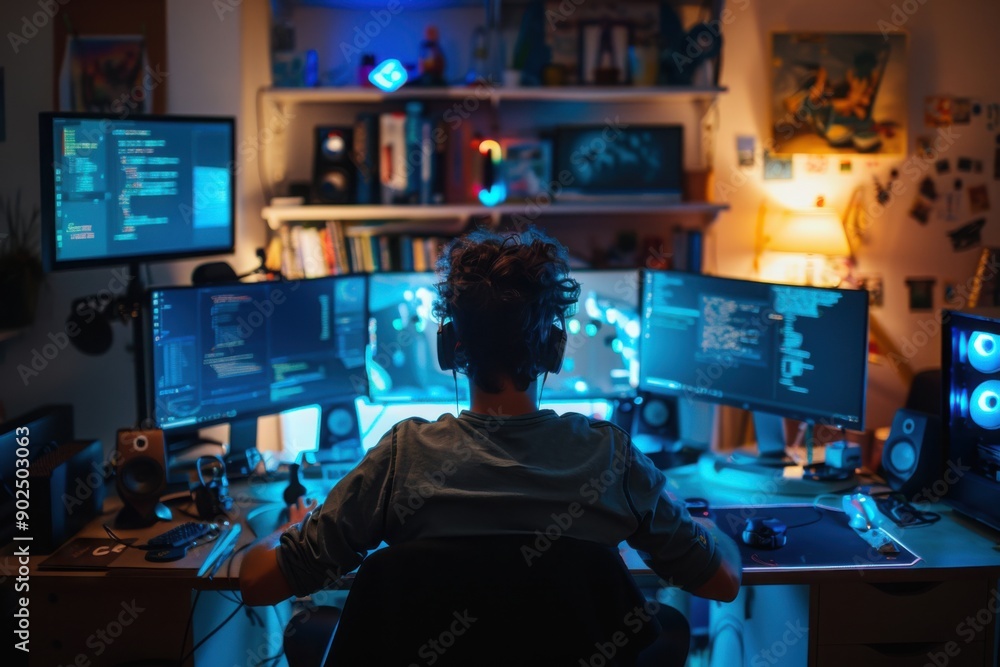 Developer Coding in High-Tech Home Office Developer Coding in High-Tech Home Office