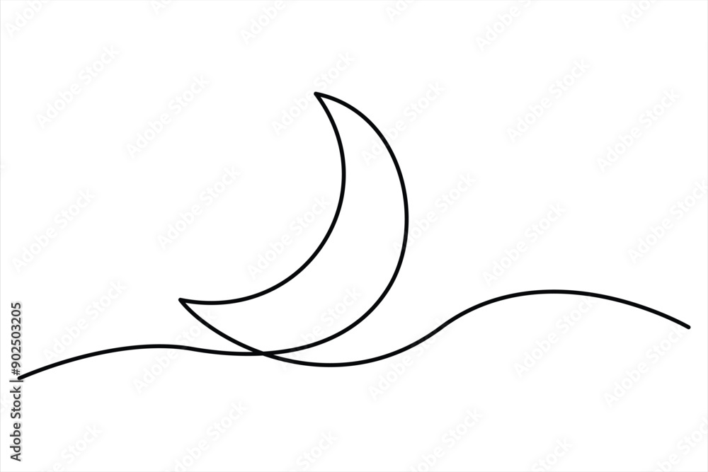 Continuous one line drawing of moon icon. Crescent moon for Ramadan isolated on white background outline vector art illustration Continuous one line drawing of moon icon. Crescent moon for Ramadan isolated on white background outline vector art illustration