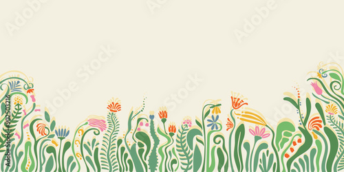 Natural botanical floral background with with border of greens, delicate blooming flowers and grass, cute horizontal banner tamplate with light copy space in abstract modern style