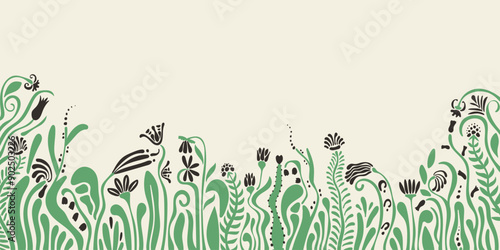 Natural botanical floral background with with border of greens, delicate blooming flowers and grass, cute horizontal banner tamplate with light copy space in abstract modern style