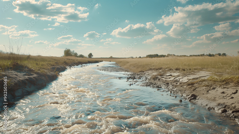 Fototapeta premium A dry, waterless course of the river that reveals the empty bed and parched fields of the valley.