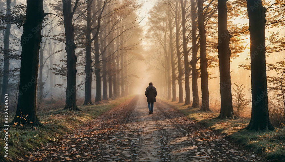 A lone man walks down a misty forest path at sunrise, surrounded by tall trees and a sense of tranquility and solitude. A lone man walks down a misty forest path at sunrise, surrounded by tall trees and a sense of tranquility and solitude.