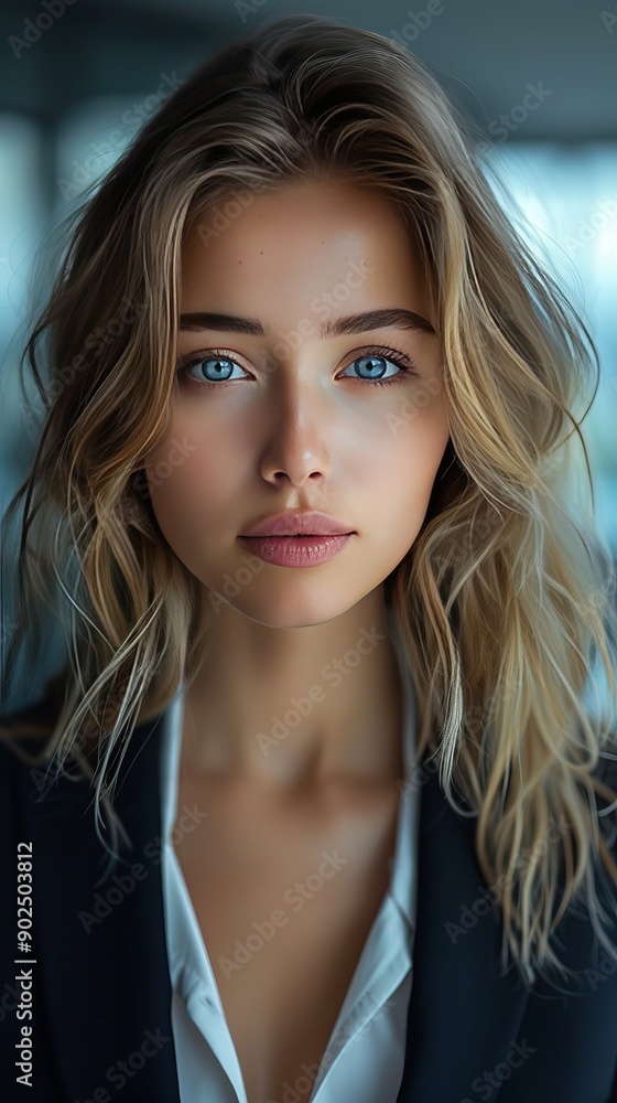 A woman with long blonde hair and blue eyes is standing in front of a wall A woman with long blonde hair and blue eyes is standing in front of a wall