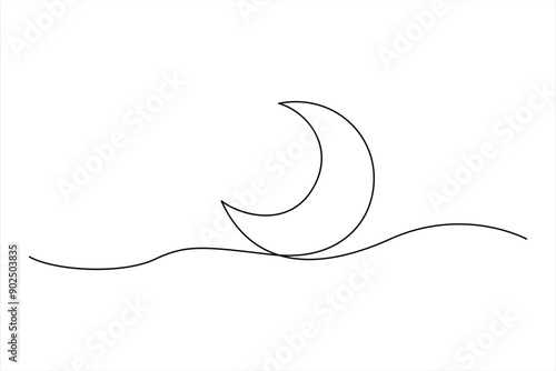 Continuous one line drawing of moon icon. Crescent moon for Ramadan isolated on white background outline vector art illustration