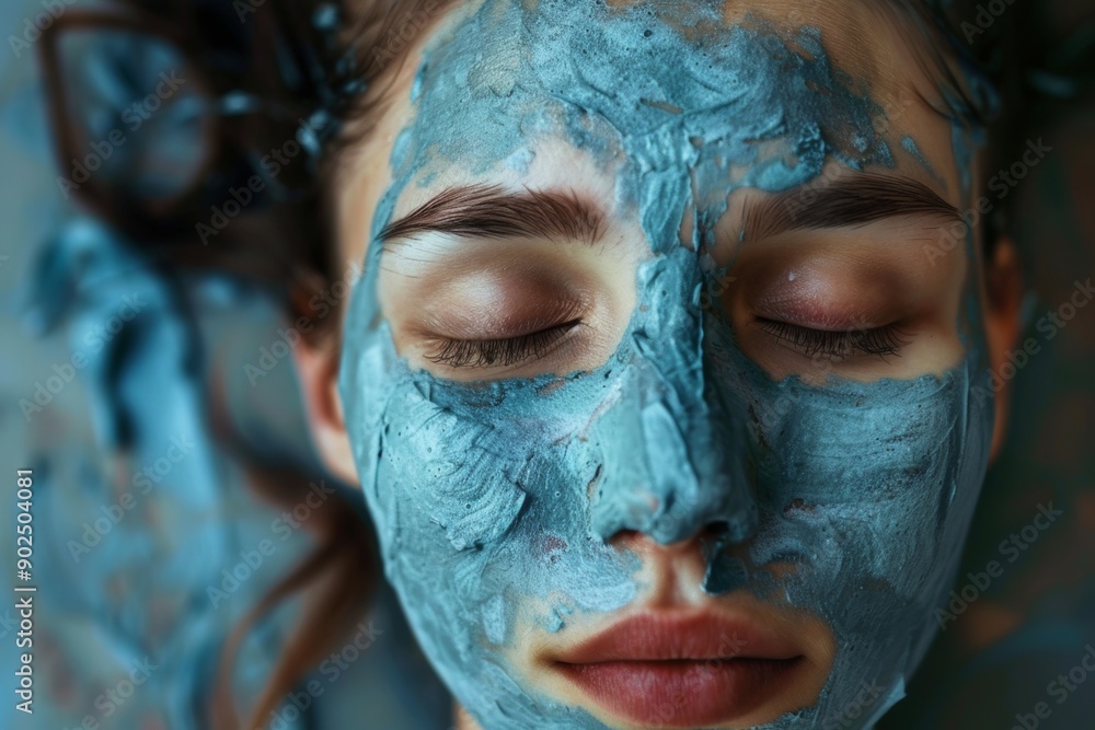 Close-up of a young woman face with a blue clay mask, eyes closed, hair tied back, with a serene home background of soft textures and light. Close-up of a young woman face with a blue clay mask, eyes closed, hair tied back, with a serene home background of soft textures and light.