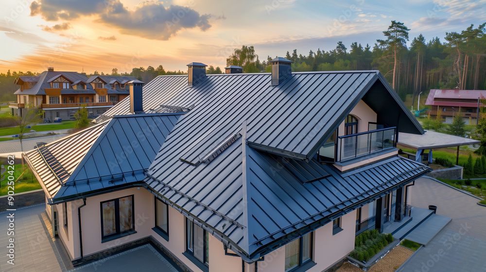 Metal roof on a residential building, made of sheet steel. Exterior view of the modern roof covering, which provides durability and protection from weather conditions. Metal roof on a residential building, made of sheet steel. Exterior view of the modern roof covering, which provides durability and protection from weather conditions.