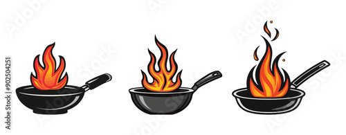 Black frying pan with red orange and yellow fire flames cartoon illustration ,generative ai