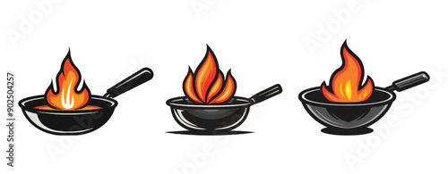 Black frying pan with red orange and yellow fire flames cartoon illustration ,generative ai