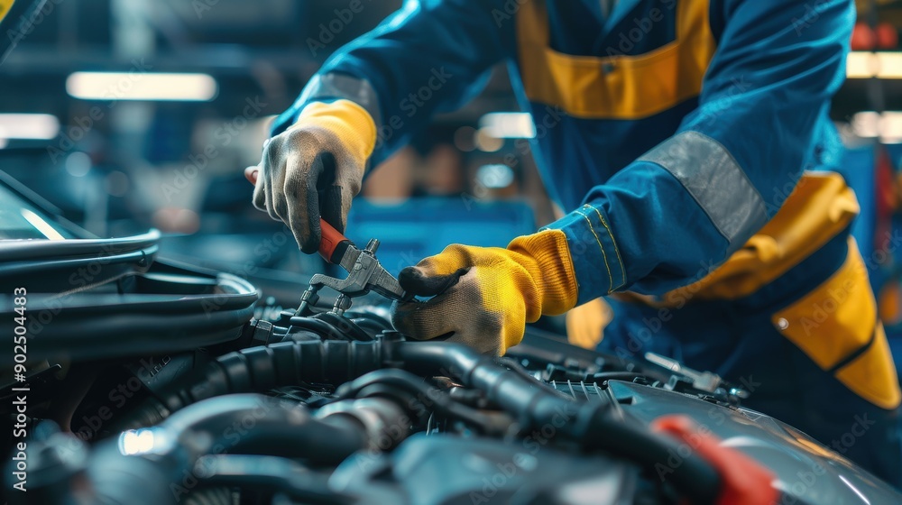 Mechanic Working on Car Engine with Wrench Mechanic Working on Car Engine with Wrench