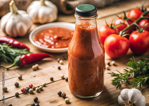 Tomato sauce in a glass bottle on a wooden table, seasonal vegetables, tomatoes, garlic, Satsebeli, vegan, vegetarian photo