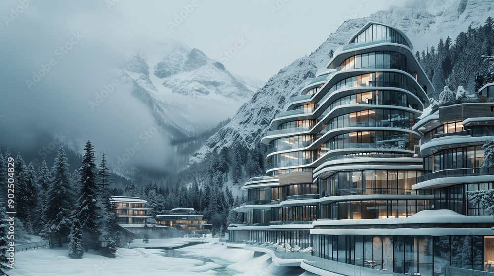 Fototapeta premium A tall hotel with a modern, glass structure, surrounded by snow-covered mountain peaks. An ideal place for tourists wishing to spend a weekend of recreation. 