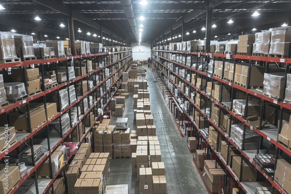 A View Down a Warehouse Aisle Lined with Shelves of Cardboard Boxes A View Down a Warehouse Aisle Lined with Shelves of Cardboard Boxes