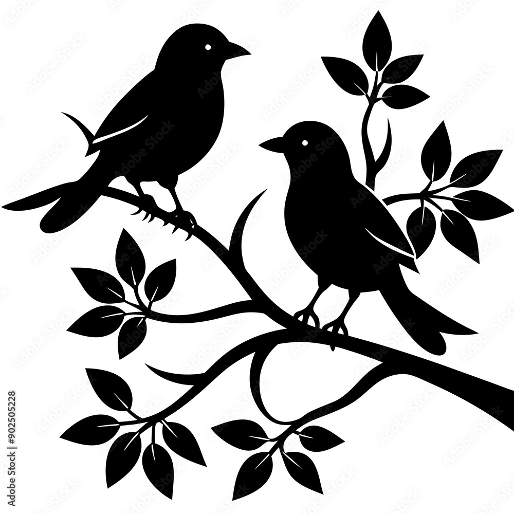 Fototapeta premium Two birds sitting on a branch silhouette vector illustration design
