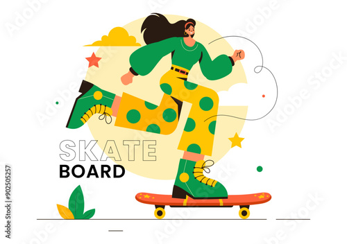 Skateboard Vector Illustration with Skateboarders Jumping on a Springboard in a Skatepark in Extreme Sports on Flat Style Cartoon Background