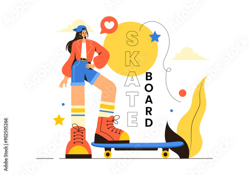 Skateboard Vector Illustration with Skateboarders Jumping on a Springboard in a Skatepark in Extreme Sports on Flat Style Cartoon Background