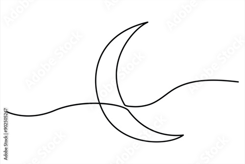 Continuous one line drawing of moon icon. Crescent moon for Ramadan isolated on white background outline vector art illustration