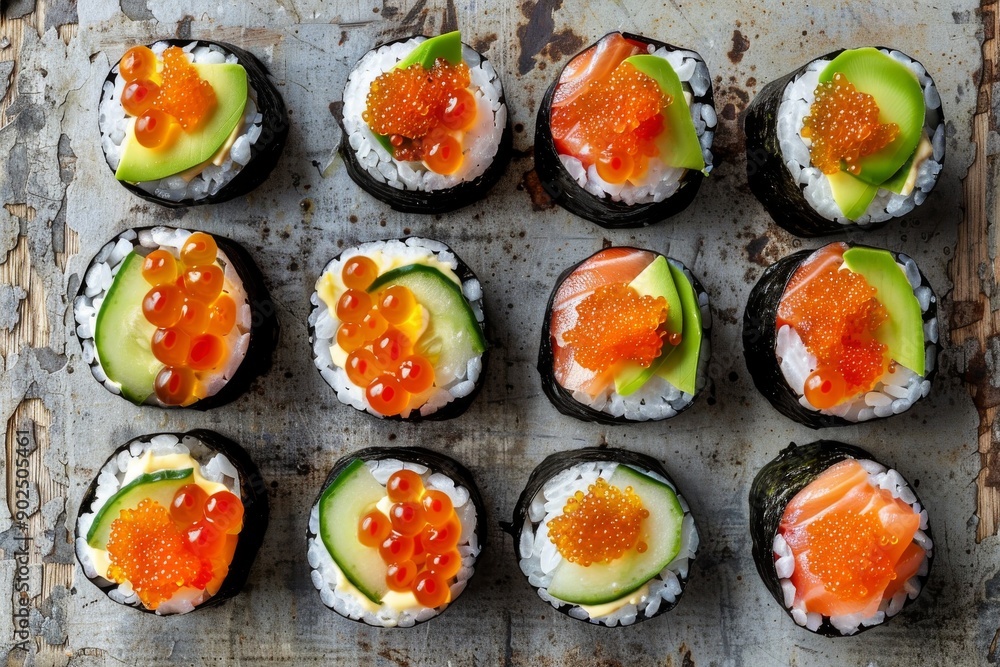 Sushi set top view, Japanese food with raw fish, seafood maki rolls, traditional Japan healthy cuisine Sushi set top view, Japanese food with raw fish, seafood maki rolls, traditional Japan healthy cuisine
