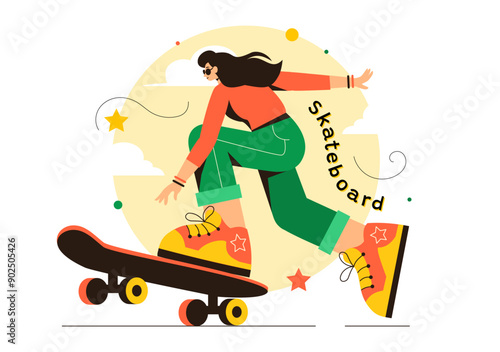 Skateboard Vector Illustration with Skateboarders Jumping on a Springboard in a Skatepark in Extreme Sports on Flat Style Cartoon Background