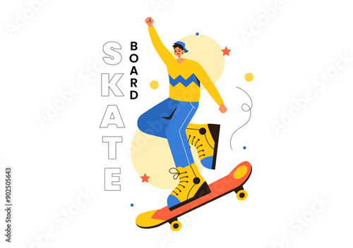 Skateboard Vector Illustration with Skateboarders Jumping on a Springboard in a Skatepark in Extreme Sports on Flat Style Cartoon Background