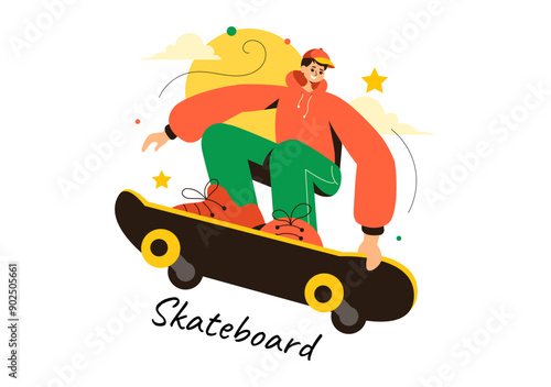 Skateboard Vector Illustration with Skateboarders Jumping on a Springboard in a Skatepark in Extreme Sports on Flat Style Cartoon Background