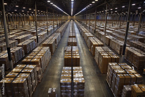 Stacked Cardboard Boxes in a Large Warehouse