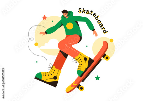 Skateboard Vector Illustration with Skateboarders Jumping on a Springboard in a Skatepark in Extreme Sports on Flat Style Cartoon Background