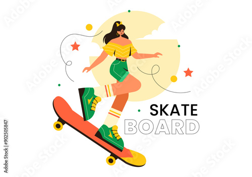 Skateboard Vector Illustration with Skateboarders Jumping on a Springboard in a Skatepark in Extreme Sports on Flat Style Cartoon Background