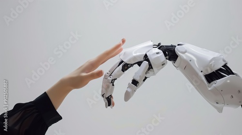 robot and human interaction, cyber and woman hands touch 