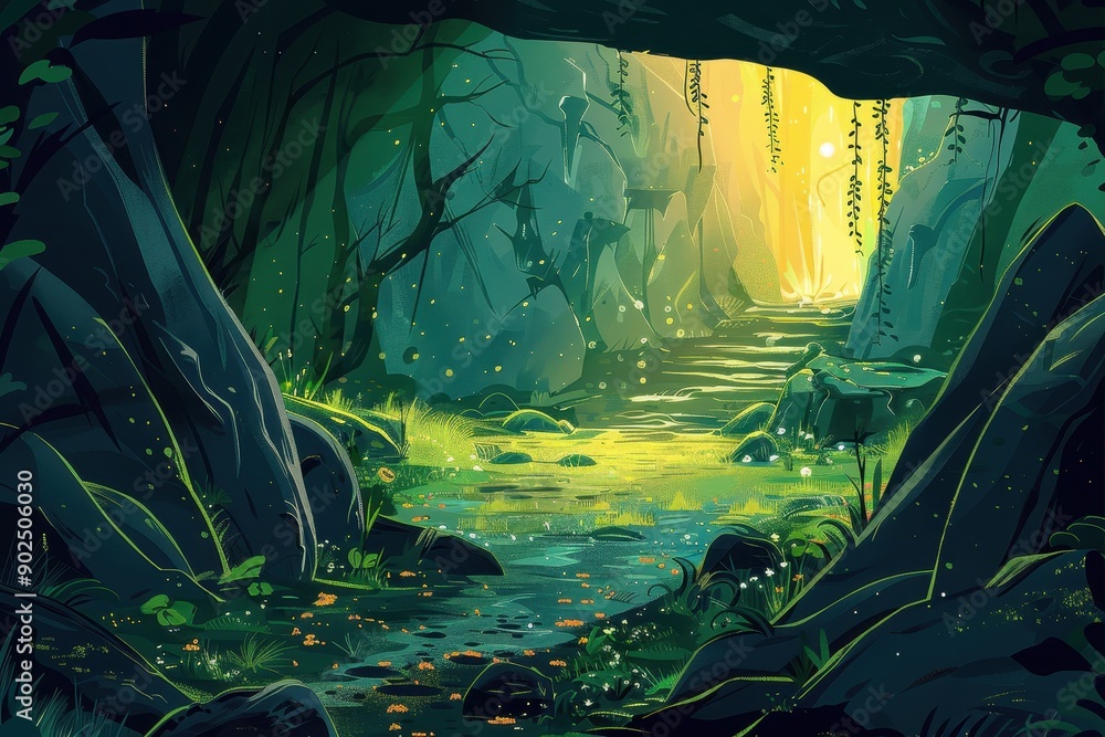 Fototapeta premium Mystical journey through a magical forest with vibrant flora and a hidden path leading to an ethereal light