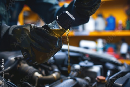 Mechanic Pouring Engine Oil into Car