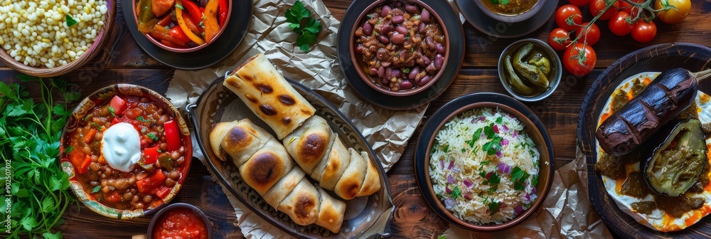 Traditional Georgian Lunch Set with Red Beans Lobio, Eggplant Pepper Rolls and Cheese Plate Top View Traditional Georgian Lunch Set with Red Beans Lobio, Eggplant Pepper Rolls and Cheese Plate Top View