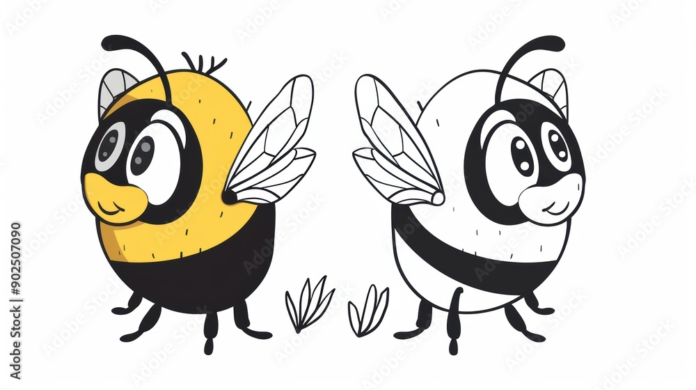 Cartoon Bee with Coloring Page Illustration Cartoon Bee with Coloring Page Illustration