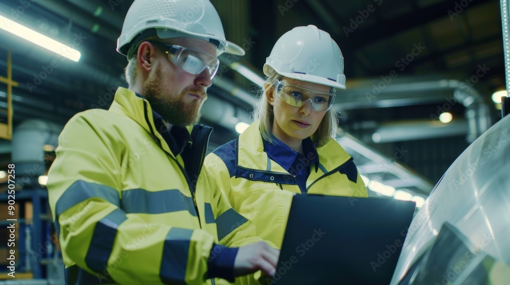 Two Industrial Workers Wearing Hard Hats and Safety Glasses Using a Laptop Two Industrial Workers Wearing Hard Hats and Safety Glasses Using a Laptop