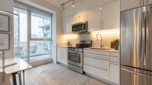 Modern White Kitchen with Stainless Steel Appliances and a City View Window in an Apartment