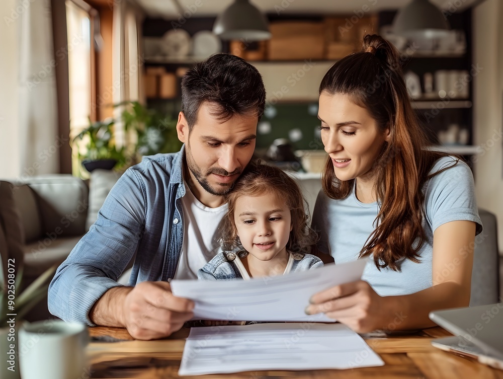 Family Reviewing Home Insurance Policies in Comfortable Living Room Family Reviewing Home Insurance Policies in Comfortable Living Room