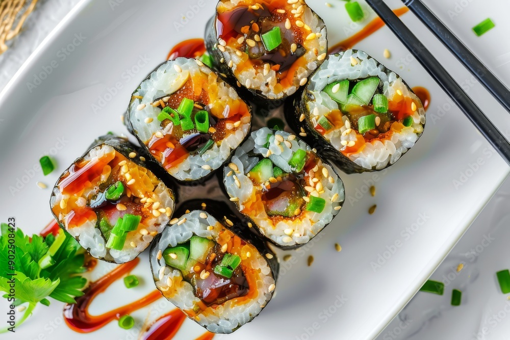 Uramaki sushi rolls, brown spicy sauce, green onions top view on white plate, nori maki, futomaki set