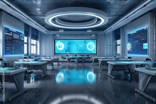 Modern classroom equipped with the latest technology and screens.