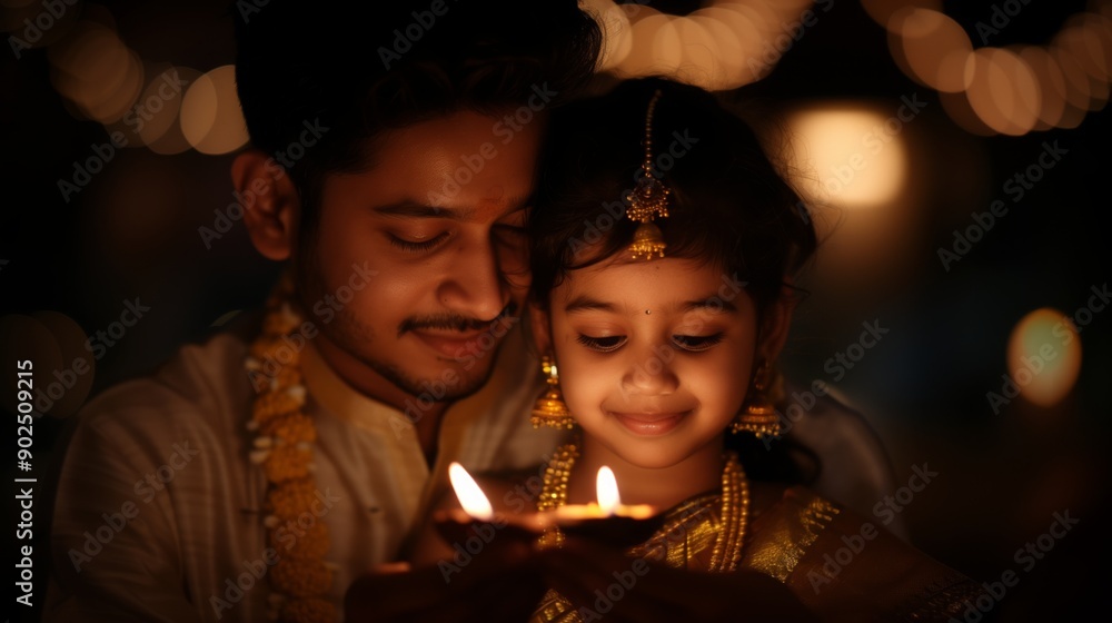 A father and daughter in traditional Indian clothing light diyas during Diwali A father and daughter in traditional Indian clothing light diyas during Diwali