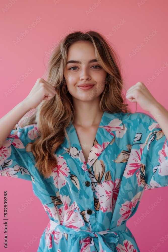 A beautiful young woman wearing a blue floral robe, perfect for use in fashion, lifestyle or beauty contexts A beautiful young woman wearing a blue floral robe, perfect for use in fashion, lifestyle or beauty contexts