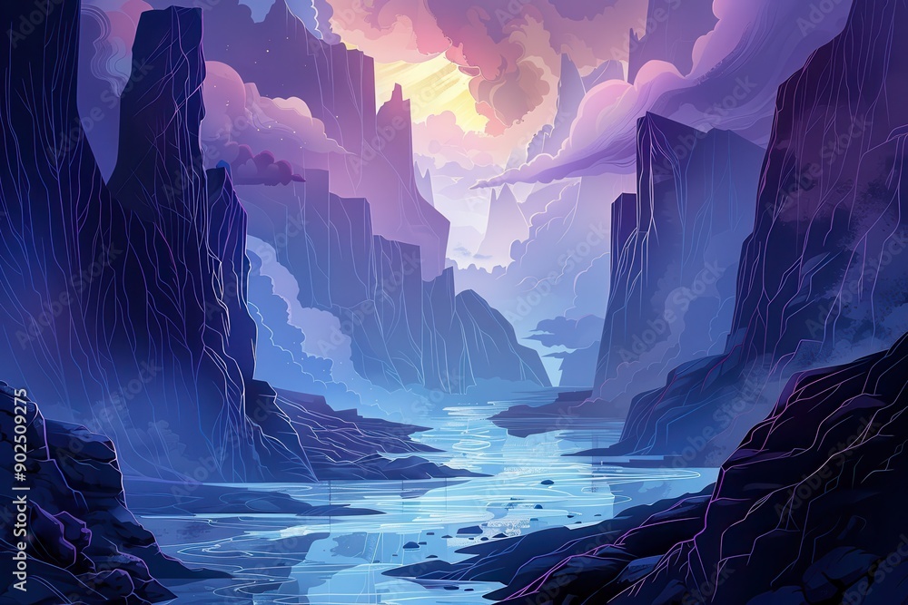 Mystical canyon landscape with river and glowing clouds at sunset Mystical canyon landscape with river and glowing clouds at sunset