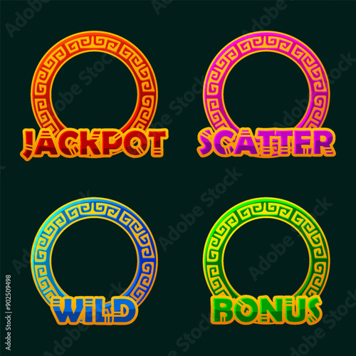 Golden Maya or Aztec circles game frames for slots Jackpot, Bonus, Wild and Scatter frames. UI objects
