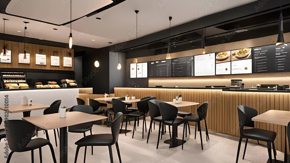 Contemporary fast food restaurant with white tables and black chairs Contemporary fast food restaurant with white tables and black chairs