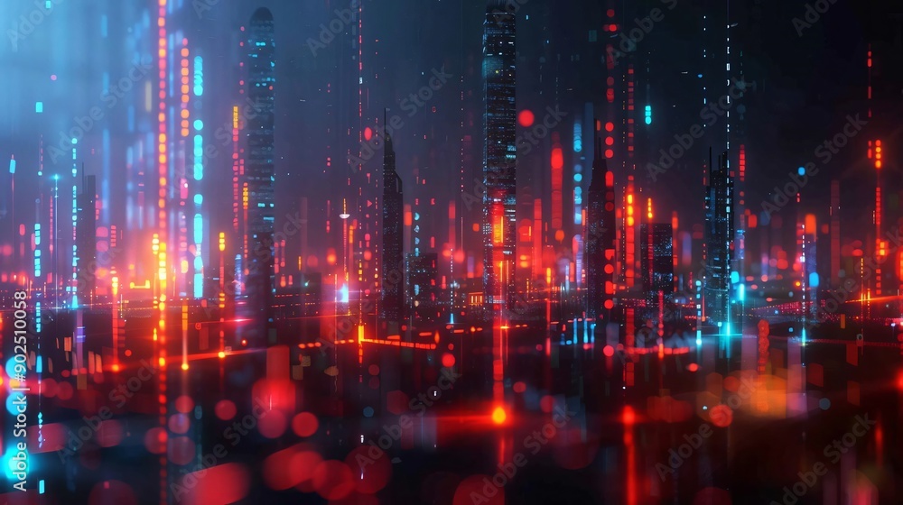 Naklejka premium A vibrant abstract digital landscape with glowing lights, ideal for technology and futuristic themes.