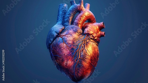 Detailed Anatomical Illustration Of A Human Heart On Blue Background