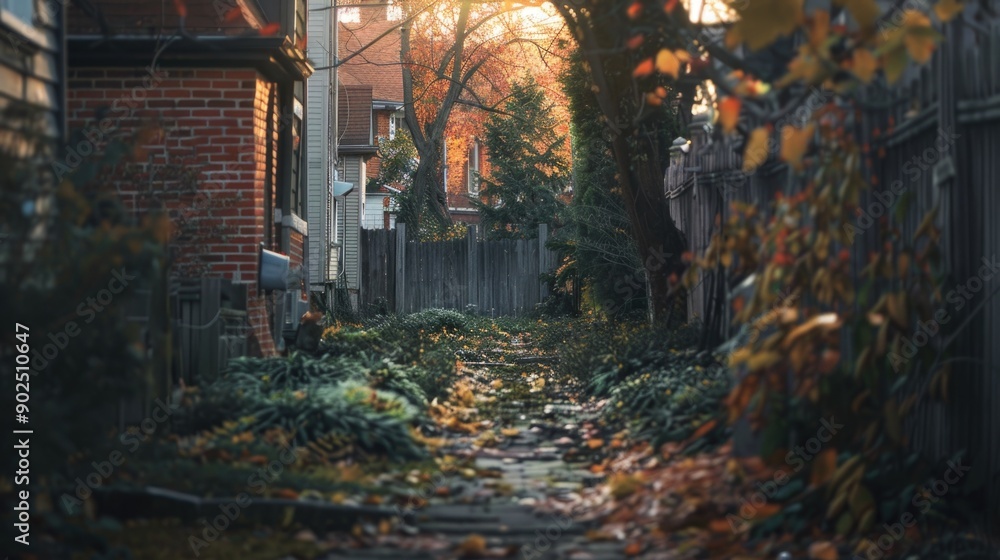 A narrow alleyway with a brick building and trees in the background A narrow alleyway with a brick building and trees in the background