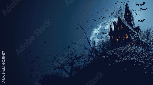 A Creepy Haunted House with Bats Silhouetted Against a Full Moon